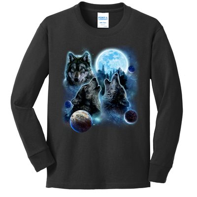 Wolf Shirt Three Wolves Moon Wolf Moon Kids Long Sleeve Shirt