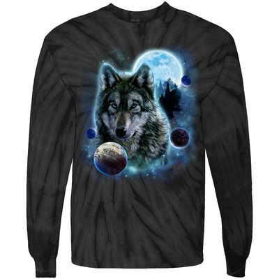 Wolf Shirt Three Wolves Moon Wolf Moon Tie-Dye Long Sleeve Shirt