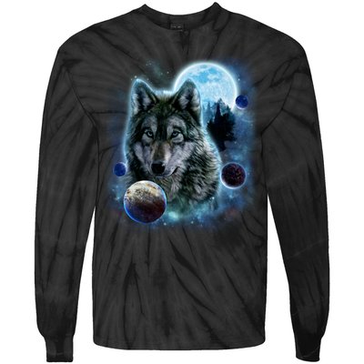 Wolf Shirt Three Wolves Moon Wolf Moon Tie-Dye Long Sleeve Shirt