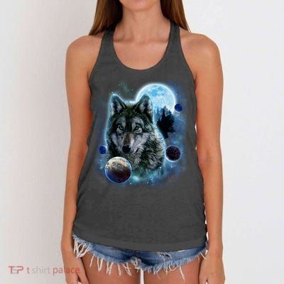 Wolf Shirt Three Wolves Moon Wolf Moon Women's Knotted Racerback Tank