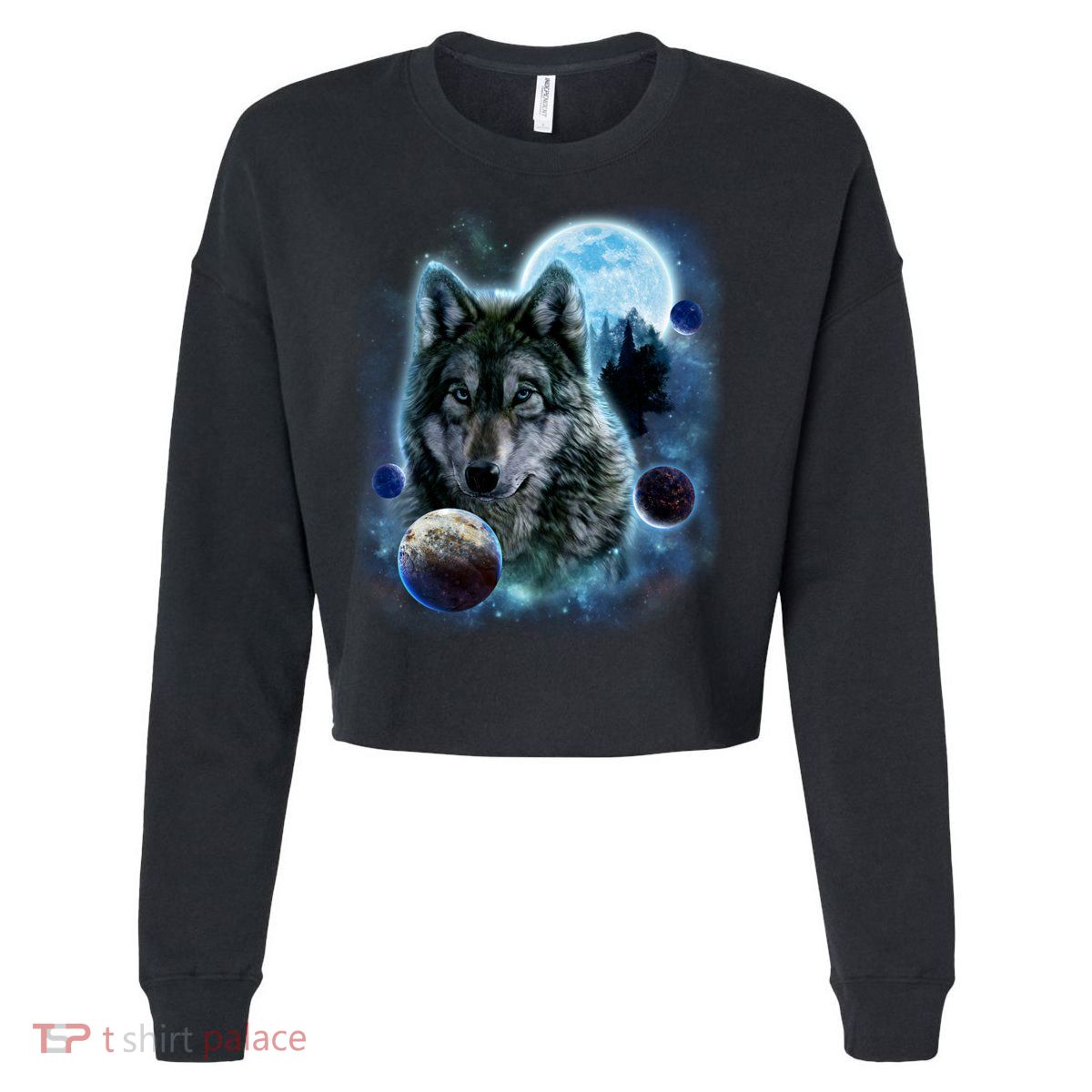 Wolf Shirt Three Wolves Moon Wolf Moon Cropped Pullover Crew