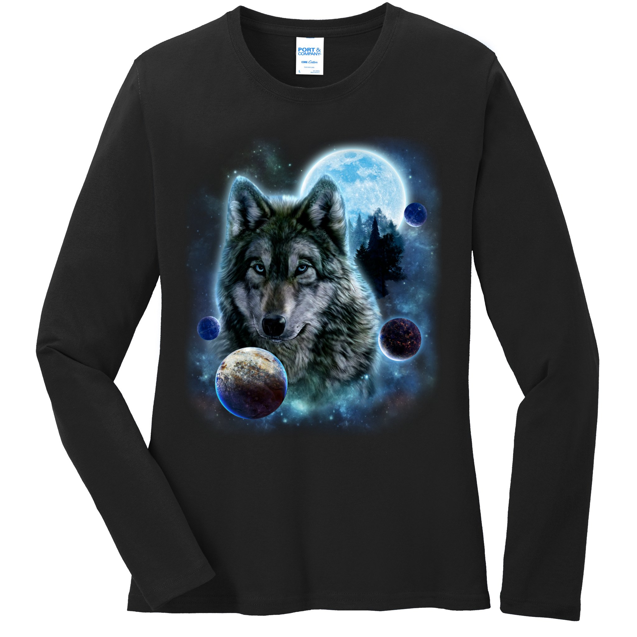 Wolf Shirt Three Wolves Moon Wolf Moon Ladies Long Sleeve Shirt