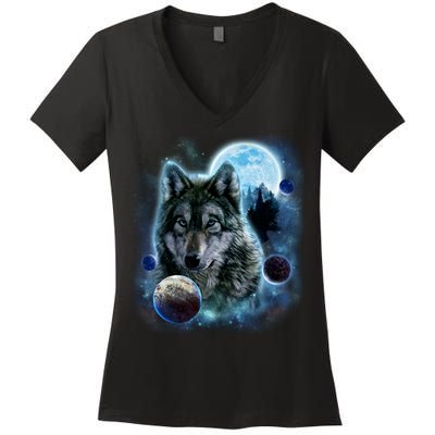 Wolf Shirt Three Wolves Moon Wolf Moon Women's V-Neck T-Shirt