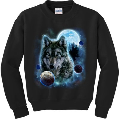 Wolf Shirt Three Wolves Moon Wolf Moon Kids Sweatshirt