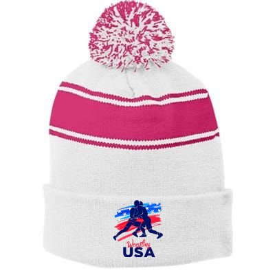 Wrestling Support The Team Wrestling Athlete Usa Flag Stripe Pom Pom Beanie