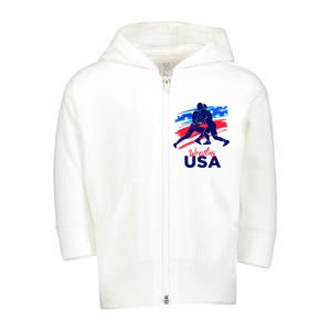 Wrestling Support The Team Wrestling Athlete Usa Flag Toddler Zip Fleece Hoodie