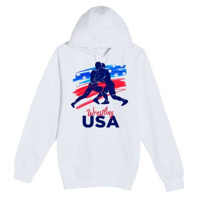 Wrestling Support The Team Wrestling Athlete Usa Flag Premium Pullover Hoodie