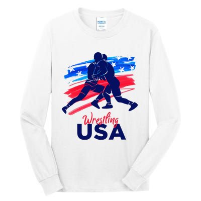 Wrestling Support The Team Wrestling Athlete Usa Flag Tall Long Sleeve T-Shirt