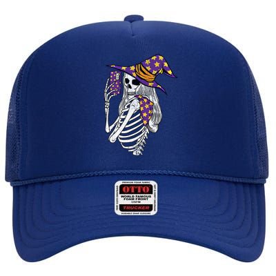 Witch Skeleton Taking Sie Mirror Photo Phone Camera Gift High Crown Mesh Back Trucker Hat