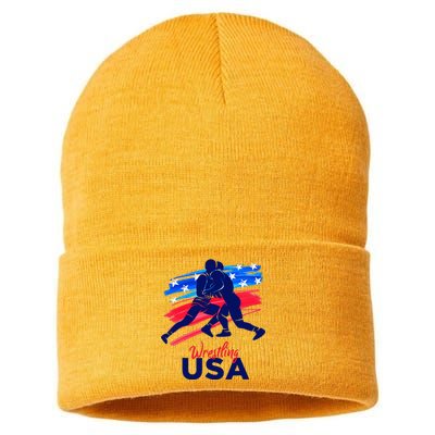 Wrestling Support The Team Wrestling Athlete Usa Flag Sustainable Knit Beanie