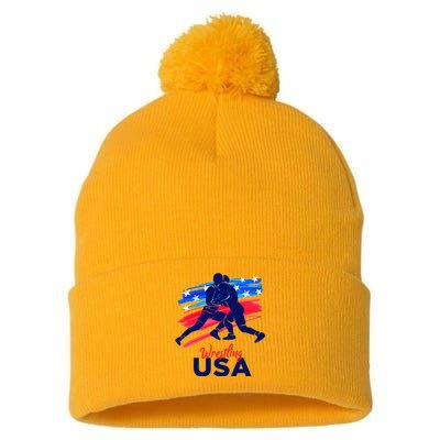 Wrestling Support The Team Wrestling Athlete Usa Flag Pom Pom 12in Knit Beanie