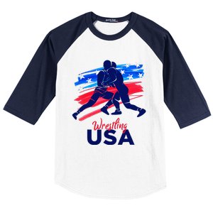 Wrestling Support The Team Wrestling Athlete Usa Flag Baseball Sleeve Shirt