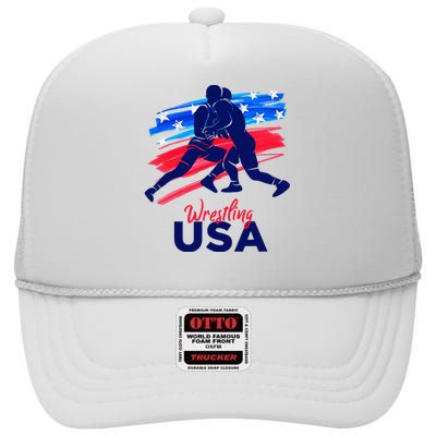 Wrestling Support The Team Wrestling Athlete Usa Flag High Crown Mesh Back Trucker Hat