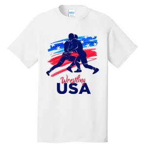 Wrestling Support The Team Wrestling Athlete Usa Flag Tall T-Shirt