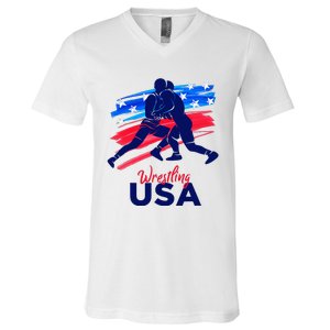 Wrestling Support The Team Wrestling Athlete Usa Flag V-Neck T-Shirt