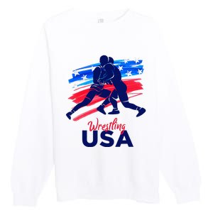 Wrestling Support The Team Wrestling Athlete Usa Flag Premium Crewneck Sweatshirt