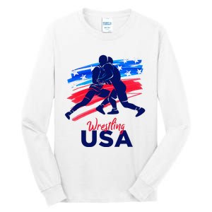 Wrestling Support The Team Wrestling Athlete Usa Flag Tall Long Sleeve T-Shirt