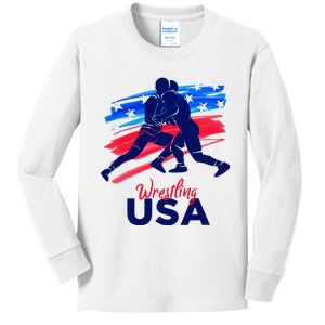 Wrestling Support The Team Wrestling Athlete Usa Flag Kids Long Sleeve Shirt