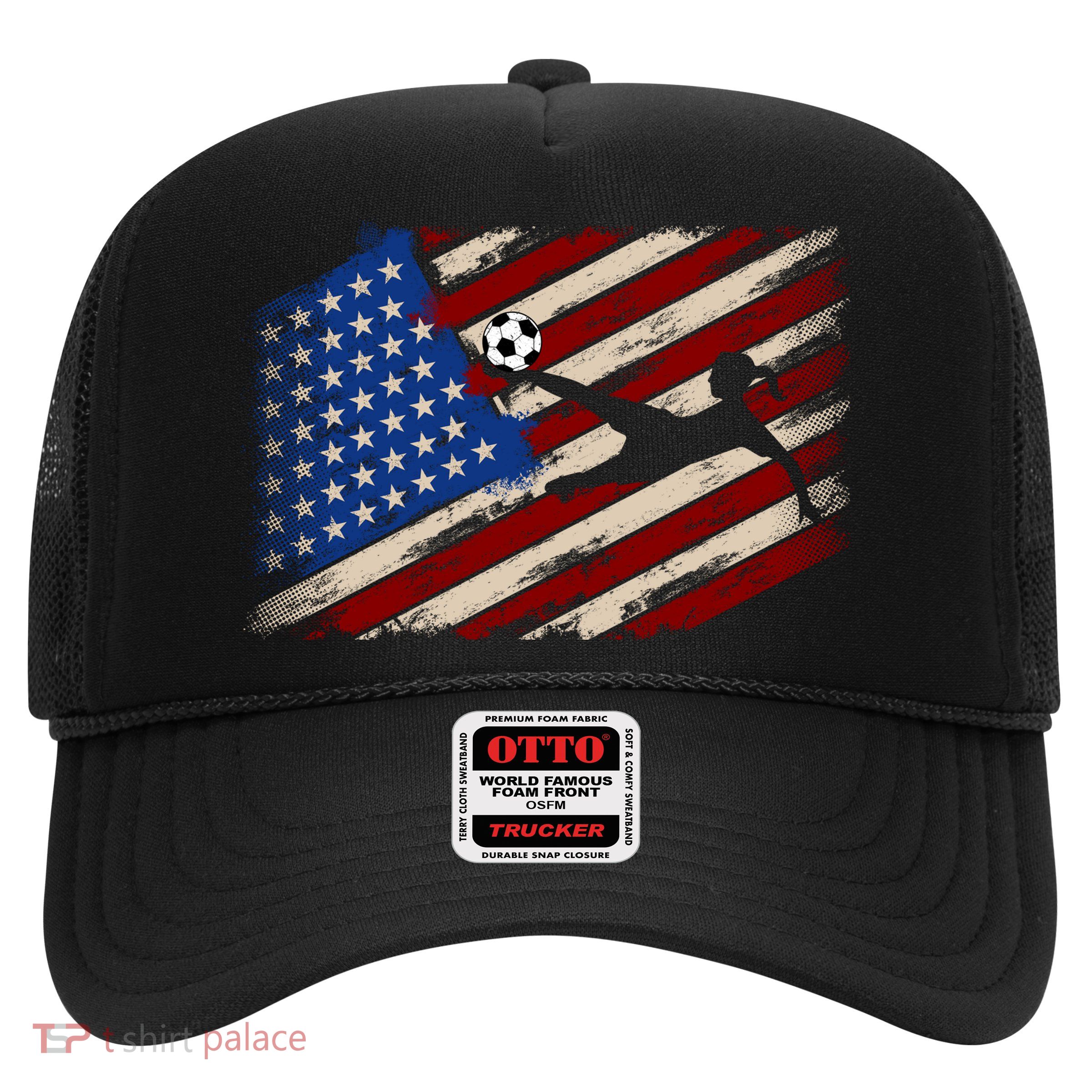 Women Soccer USA Flag Proud Women Soccer Players American Flag Distressed Trucker Hat