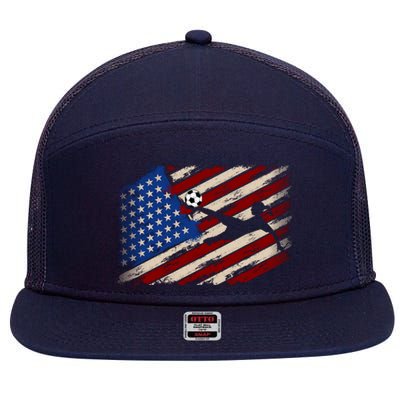 Women Soccer USA Flag Proud Women Soccer Players American Flag Distressed 7 Panel Mesh Trucker Snapback Hat