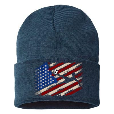 Women Soccer USA Flag Proud Women Soccer Players American Flag Distressed Sustainable Knit Beanie