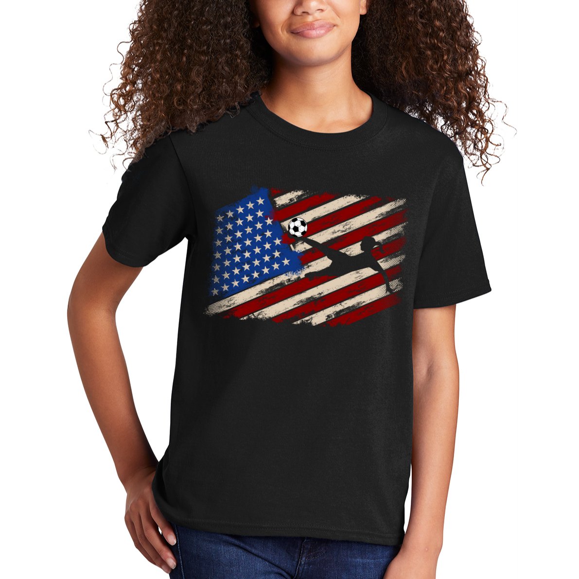 Women Soccer USA Flag Proud Women Soccer Players American Flag Distressed Kids T-Shirt