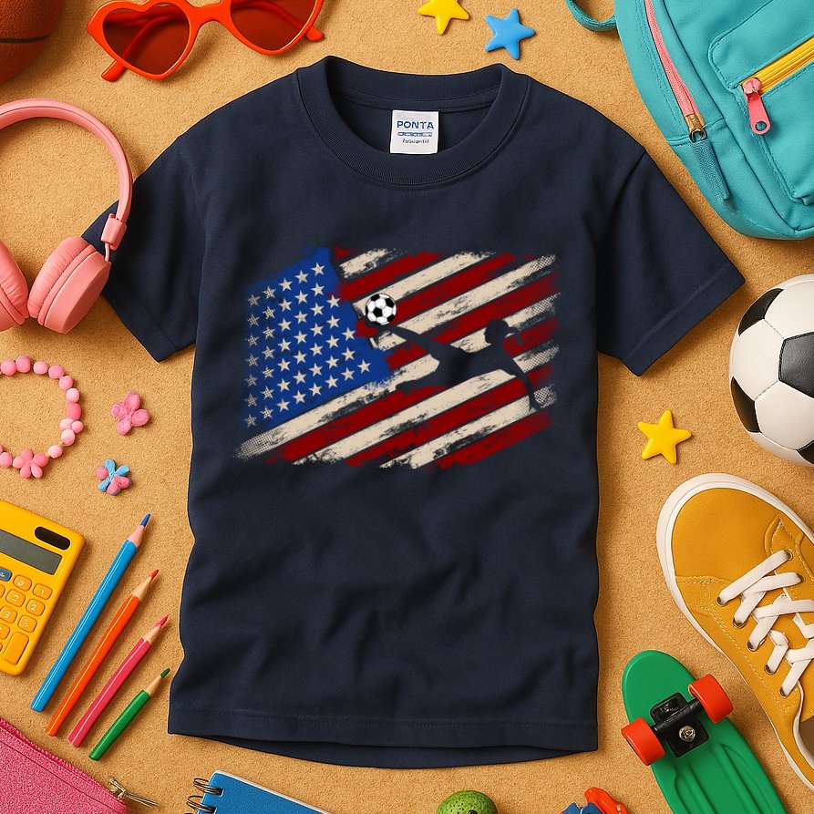Women Soccer USA Flag Proud Women Soccer Players American Flag Distressed Kids T-Shirt