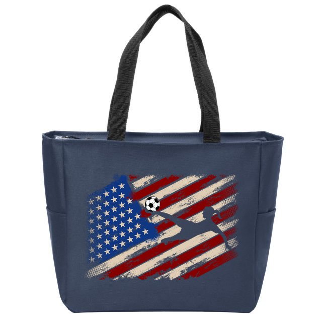 Women Soccer USA Flag Proud Women Soccer Players American Flag Distressed Zip Tote Bag