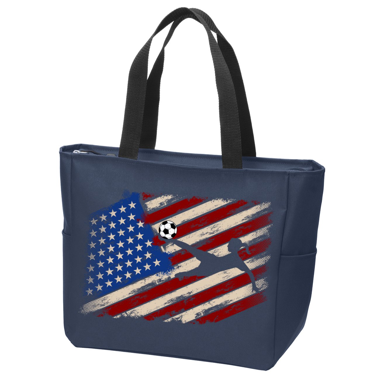 Women Soccer USA Flag Proud Women Soccer Players American Flag Distressed Zip Tote Bag