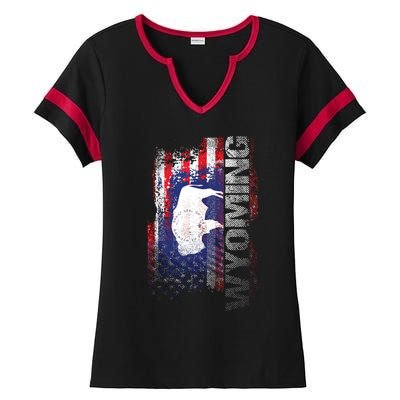 Wyoming State Usa Flag Souvenir Gift Ladies Halftime Notch Neck Tee