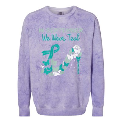 Womens September We Wear Teal Ribbon Shoe Ovarian Cancer Awareness Colorblast Crewneck Sweatshirt