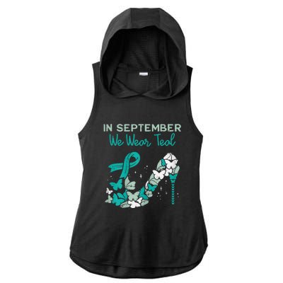 Womens September We Wear Teal Ribbon Shoe Ovarian Cancer Awareness Ladies PosiCharge Tri-Blend Wicking Draft Hoodie Tank