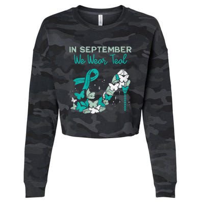 Womens September We Wear Teal Ribbon Shoe Ovarian Cancer Awareness Cropped Pullover Crew