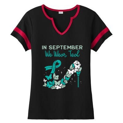 Womens September We Wear Teal Ribbon Shoe Ovarian Cancer Awareness Ladies Halftime Notch Neck Tee