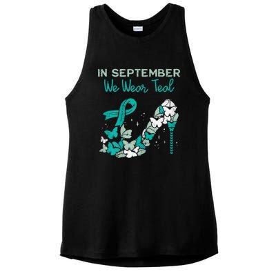 Womens September We Wear Teal Ribbon Shoe Ovarian Cancer Awareness Ladies PosiCharge Tri-Blend Wicking Tank