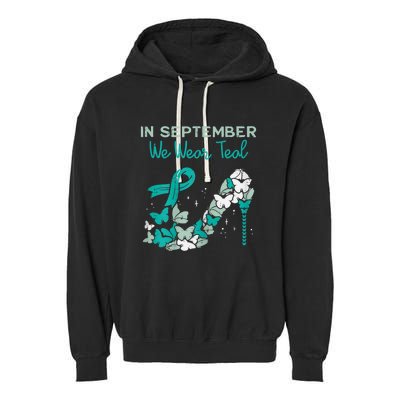 Womens September We Wear Teal Ribbon Shoe Ovarian Cancer Awareness Garment-Dyed Fleece Hoodie