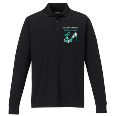 Womens September We Wear Teal Ribbon Shoe Ovarian Cancer Awareness Performance Long Sleeve Polo