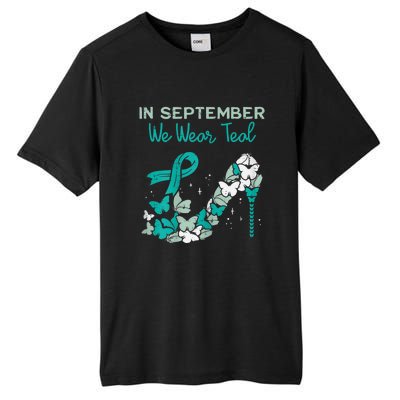 Womens September We Wear Teal Ribbon Shoe Ovarian Cancer Awareness Tall Fusion ChromaSoft Performance T-Shirt