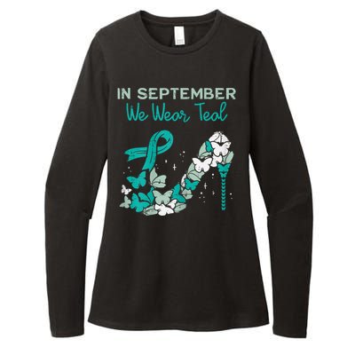 Womens September We Wear Teal Ribbon Shoe Ovarian Cancer Awareness Womens CVC Long Sleeve Shirt