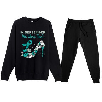 Womens September We Wear Teal Ribbon Shoe Ovarian Cancer Awareness Premium Crewneck Sweatsuit Set