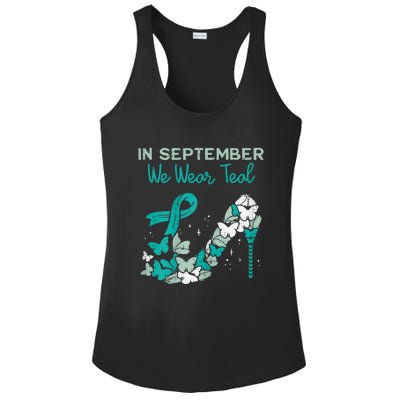 Womens September We Wear Teal Ribbon Shoe Ovarian Cancer Awareness Ladies PosiCharge Competitor Racerback Tank