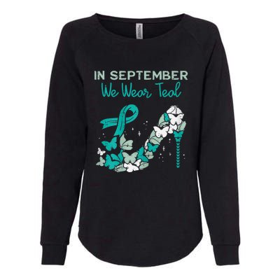 Womens September We Wear Teal Ribbon Shoe Ovarian Cancer Awareness Womens California Wash Sweatshirt