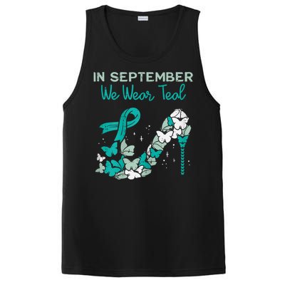 Womens September We Wear Teal Ribbon Shoe Ovarian Cancer Awareness PosiCharge Competitor Tank