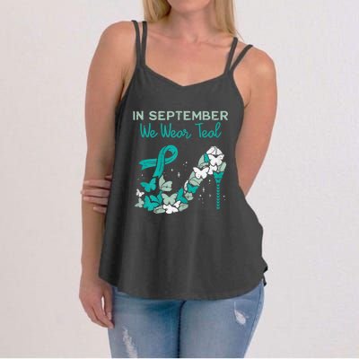 Womens September We Wear Teal Ribbon Shoe Ovarian Cancer Awareness Women's Strappy Tank