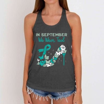 Womens September We Wear Teal Ribbon Shoe Ovarian Cancer Awareness Women's Knotted Racerback Tank