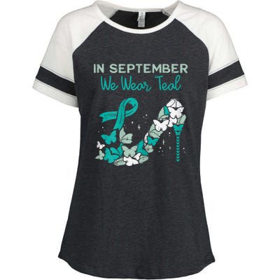 Womens September We Wear Teal Ribbon Shoe Ovarian Cancer Awareness Enza Ladies Jersey Colorblock Tee