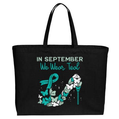 Womens September We Wear Teal Ribbon Shoe Ovarian Cancer Awareness Cotton Canvas Jumbo Tote