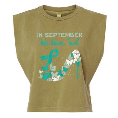 Womens September We Wear Teal Ribbon Shoe Ovarian Cancer Awareness Garment-Dyed Women's Muscle Tee