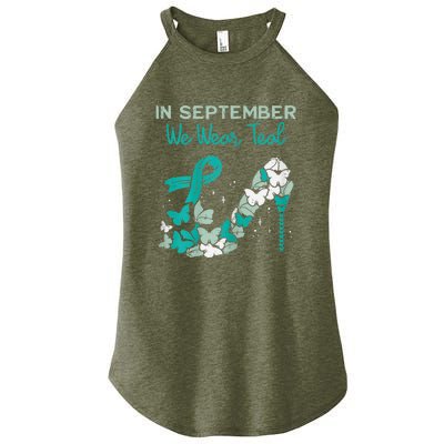 Womens September We Wear Teal Ribbon Shoe Ovarian Cancer Awareness Women's Perfect Tri Rocker Tank