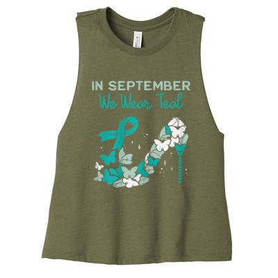 Womens September We Wear Teal Ribbon Shoe Ovarian Cancer Awareness Women's Racerback Cropped Tank